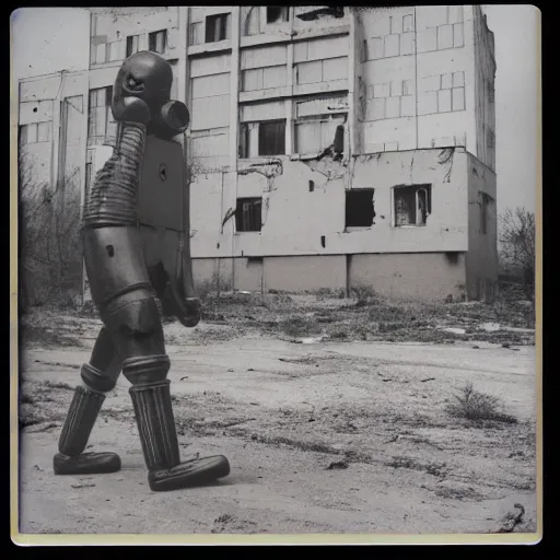 Image similar to polaroid of funny robot walking in abandoned soviet city