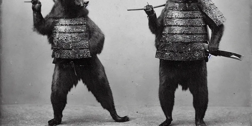 Image similar to anthropomorphic asian black bear in samurai armor, 1900s photo