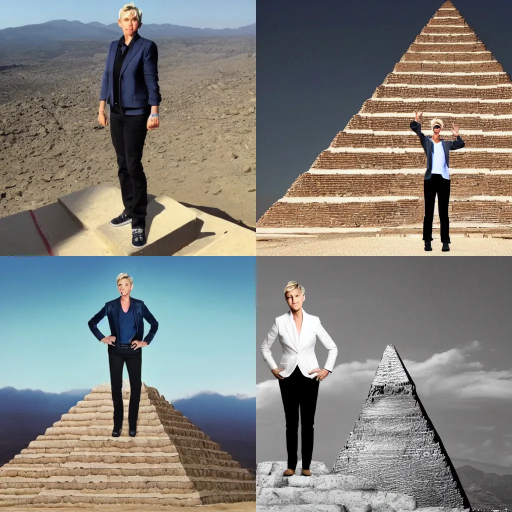 Prompt: Ellen Degeneres standing on top of a pyramid