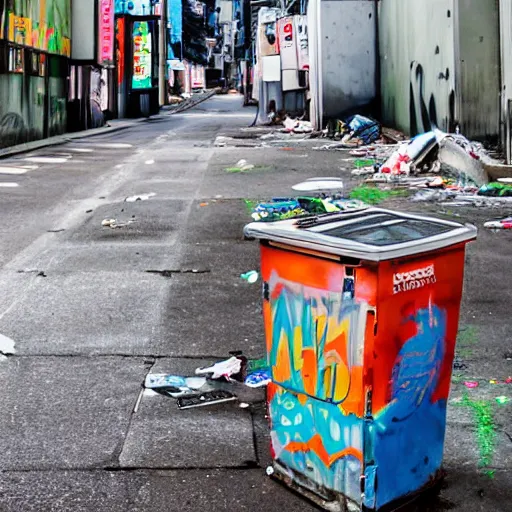 Prompt: A trashcan full of graffiti stands in the middle of an atmospheric Japanese street, a lot of broken computers and televisions