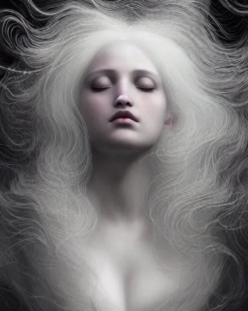 Image similar to soft, dreamy, subsurface scattering, white, young beautiful goddess in cosmos with very long white hair floating in air, fluid smoke art, black and white, octane render, dino valls, mark ryden, joe fenton, michal karcz, highly detailed, rim light, art, cinematic lighting, very coherent, hyper realism, 8 k