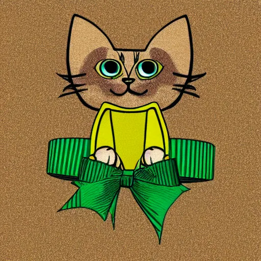 Prompt: yellow cat with green bow in hair, svg, vector, geometric