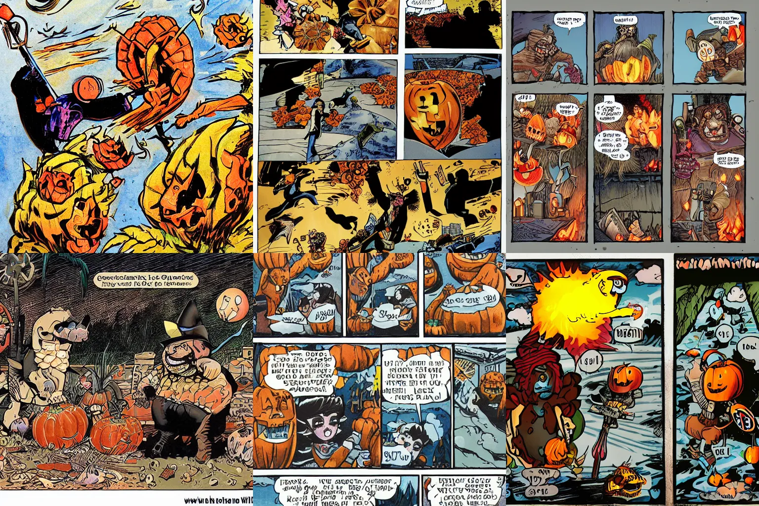 Image similar to Pumpkins holding flamethrowers fighting Scarecrows, comic panel