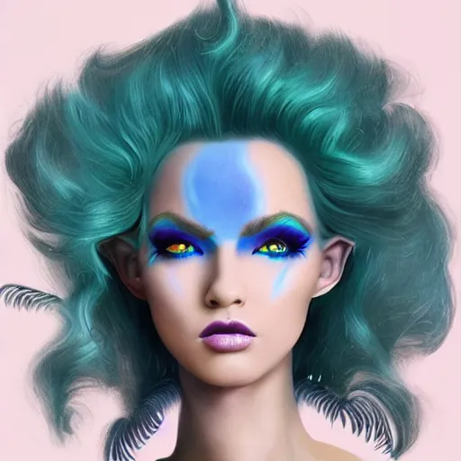 Image similar to Glam hair, 80s hair, Elf girl with blue skin, alien skin, blue elf, blue, blue-skinned elf, green hair, hairspray, big hair, wild hair, glam make-up, 80s, illustration, fantasy art, trending on ArtStation, 1980s fantasy art