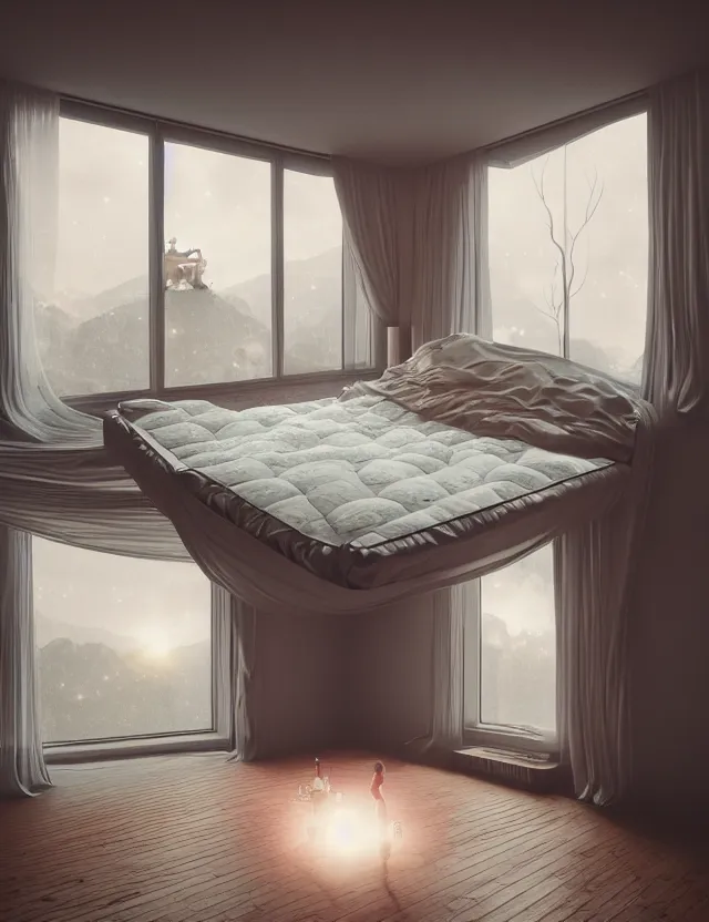 Image similar to an ultra wide angle photo of a bed hovering above the floor in the middle of a giant bedroom with windows opening to other worlds by casey weldon and lee madgewick, photorealistic, octane render, recursive, flowing, cascading, multiverse, labyrinthine