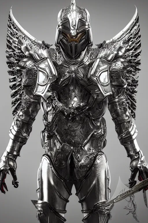 Image similar to a photo of 8k ultra realistic archangel, full body, diablo, intricate white and gold armor, sword, ornate, cinematic lighting, hyperrealistic, focused, high details, unreal engine 5, cinematic, Trending on artstation, artstationHD, artstationHQ, 4k, 8k