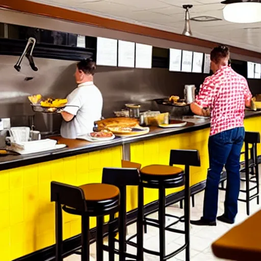 Image similar to busy wafflehouse interior with customers eating breakfast and wafflehouse employees serving food and cooking behind countertop