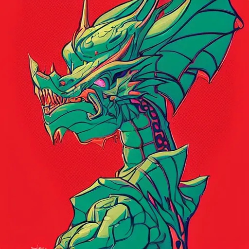 Prompt: female portrait anthropomorphic dragon wearing red clothes the graphic style of Patrick Gleason and Dan Mumford, detailed art, trending on Artstation, sharp focus, comic art