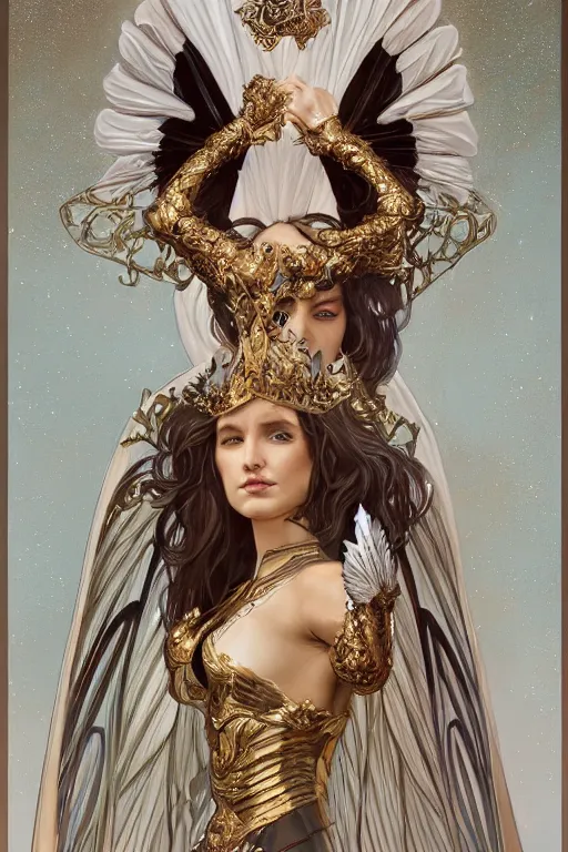 Image similar to full body portrait of a queen wearing white armor with ornate bronze and gold, white gossamer wings, art nouveau, profile, 4K, character concept art, digital painting, illustration, oil painting, trending in artstation, cgsociety, by nekro, Alphonse Mucha, Artgerm, Greg Rutkowski, Brom and Magali Villeneuve, William-Adolphe Bouguereau