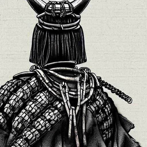 Image similar to A PORTRAIT FROM BEHIND OF A SAMURAI ,THE THE MAN IS WRAPPED IN CHAINS ,detailed, concept art, ink style , sketch