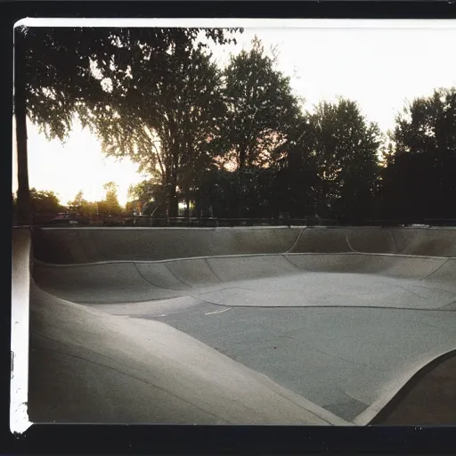 Image similar to a 1 9 9 0's photograph of a skatepark in a small town at dusk, polaroid, candid photography