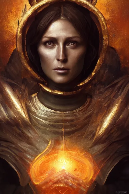 Prompt: fantasy character concept portrait, digital painting, wallpaper of joan of arc, with skin of obsidian, with veins of magma and gold, renaissance nimbus overhead, by aleksi briclot, by laura zalenga, by alexander holllow fedosav, 8 k dop dof hdr, vibrant