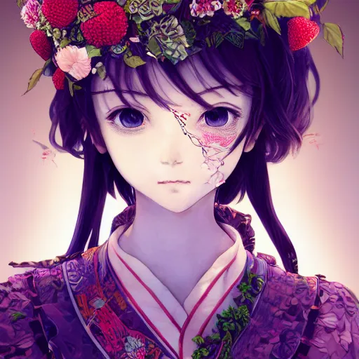 Image similar to the portrait of an absurdly beautiful, graceful, elegant, young japanese anime girl made of strawberries and green petals, an ultrafine hyperdetailed illustration by kim jung gi, irakli nadar, intricate linework, bright colors, octopath traveler, final fantasy, angular, unreal engine 5 highly rendered, global illumination, radiant light, detailed and intricate environment