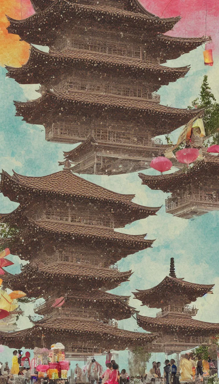 Image similar to digital painting of a pagoda, people drinking tea and paper lanterns, very detailed