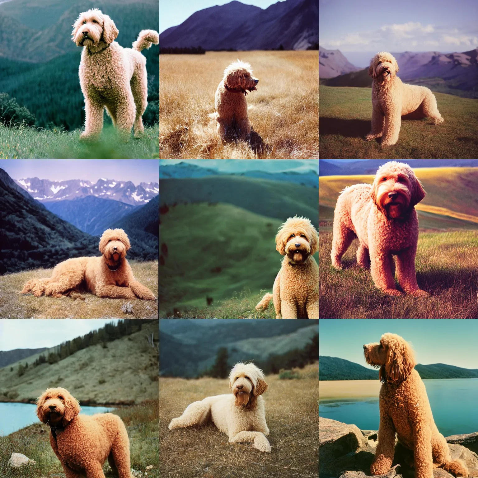 Prompt: cinestill of a large blonde labradoodle in a breathtaking landscape