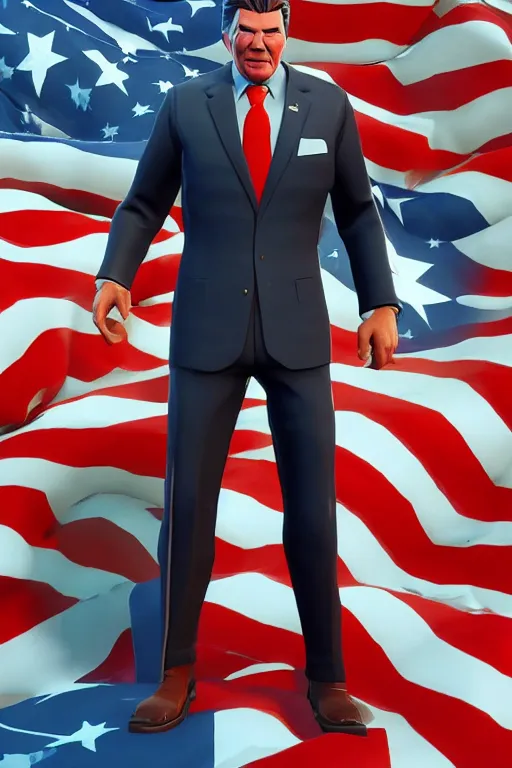 Image similar to middle aged ronald reagan, american super patriot, full body, fortnite character, unreal engine. 4 k, highly detailed