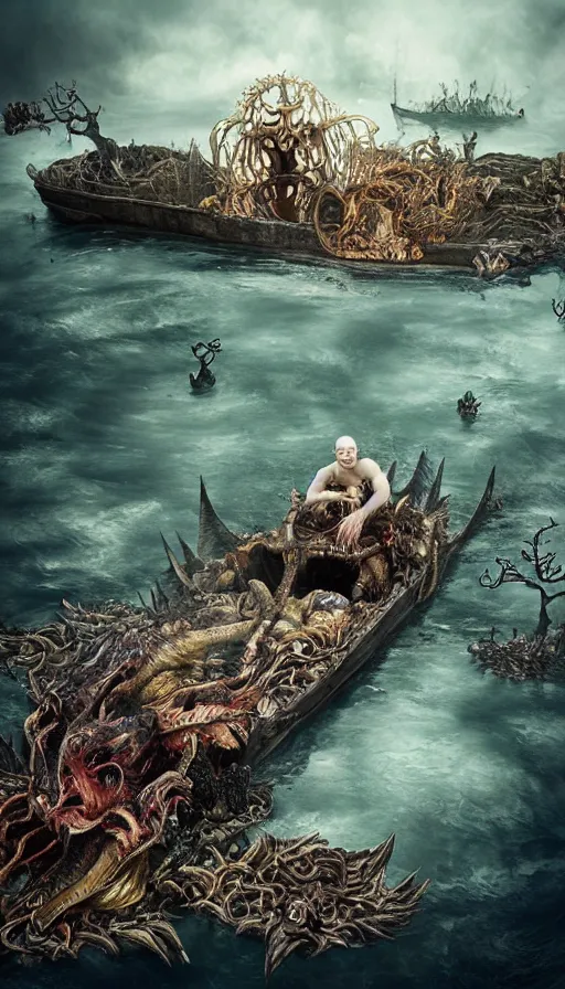 Prompt: man on boat crossing a body of water in hell with creatures in the water, sea of souls, by kirsty mitchell