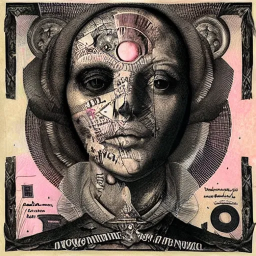 Image similar to post - punk new age album cover, asymmetrical design, dollar bank notes, capitalism, magic, apocalypse, psychedelic, black white pink, magic, giger h. r., giuseppe arcimboldo