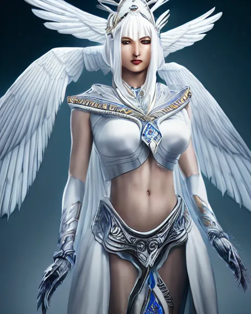 Image similar to perfect white haired egyptian goddess wearing white dove wings, warframe armor, regal, attractive, ornate, sultry, beautiful, dreamy, half asian, pretty face, blue eyes, detailed, scifi platform, 4 k, ultra realistic, epic lighting, android body, illuminated, cinematic, masterpiece, art by akihito tsukushi, voidstar, artgerm