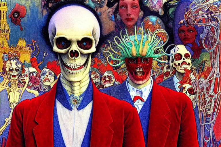 Image similar to realistic detailed closeup portrait painting of a single skeleton wearing red velvet blazer in a crowded futuristic moscow street by Jean Delville, Amano, Yves Tanguy, Alphonse Mucha, Ernst Haeckel, Edward Robert Hughes, Roger Dean, rich moody colours, blue eyes