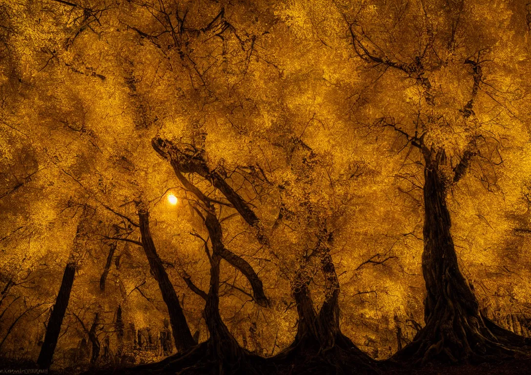 Prompt: a golden tree in a dark forest, detailed photography, dennis velleneuve, vivid colors, ultra realistic, 8 k, photography