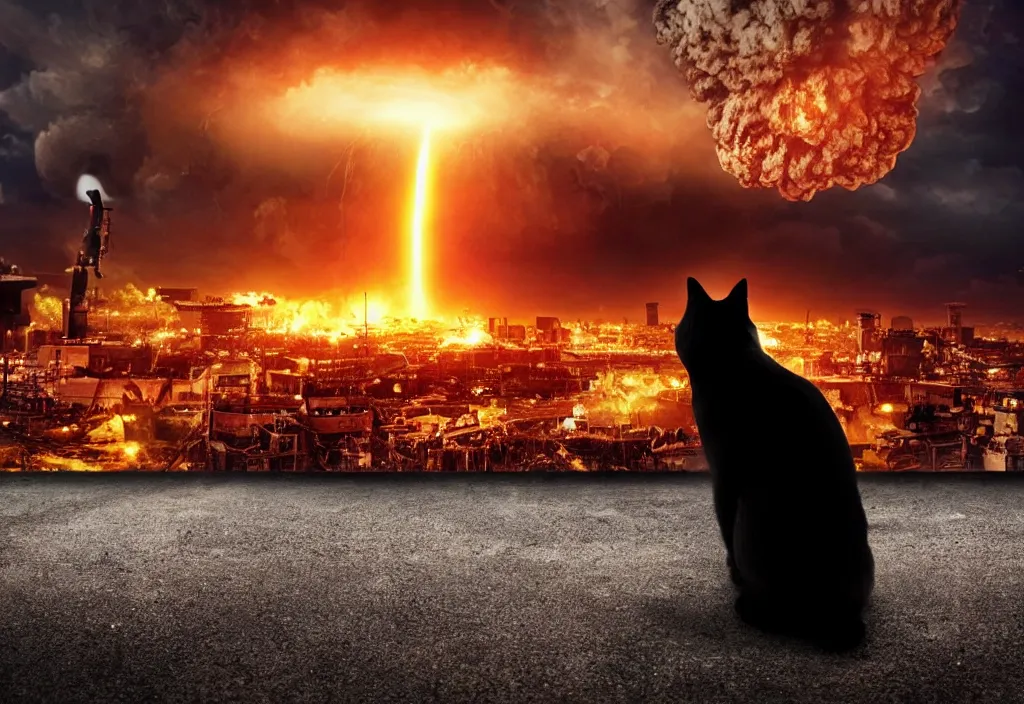 Image similar to old man with ( black cat ) watching nuke explosion cinematic, background blur bokeh, world ending nuke, 4 k