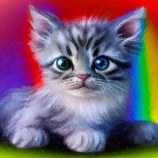 Image similar to wide angle full body, of a fluffy cute rainbow kitten wearing a black leather motorcycle jacket, concept art