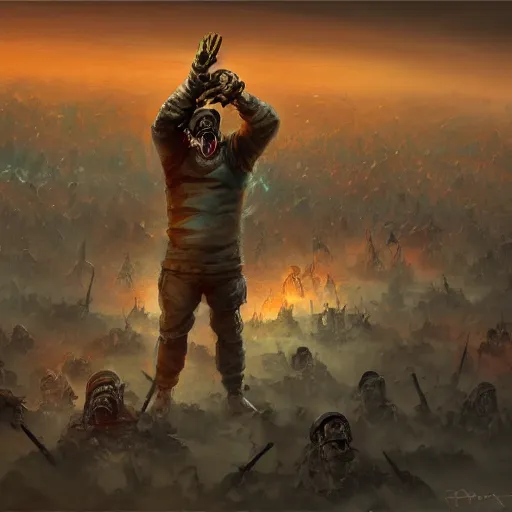 Prompt: comedian performing in a brutal battle field, stand-up comedy, dead laughing bodies on the ground, nuclear cloud in the far horizon, intricate, highly detailed, digital painting, trending on artstation, concept art, smooth, sharp focus