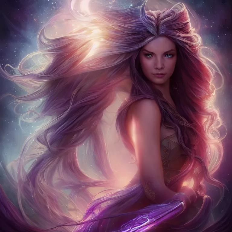 Image similar to beautiful cinematic fantasy poster, a long shot of a beautiful princess like a disney princess hybrid with flowing illuminated hair, beautiful glowing galaxy eyes, full subject in frame, wideshot ultrawide angle epic scale, hybrid from The Elden Ring and art direction by Darius Zawadzki ;by artgerm; wayne reynolds art station, coherent body and limbs; cinematic quality character render; low angle; ultra high quality model; production quality cinema model;