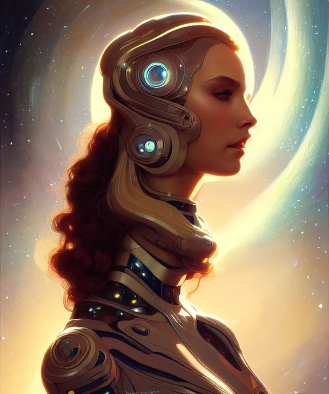 Image similar to futuristic space woman portrait, sci-fi, amber eyes, face, long hair, fantasy, intricate, elegant, highly detailed, digital painting, artstation, concept art, smooth, sharp focus, illustration, art by artgerm and greg rutkowski and alphonse mucha