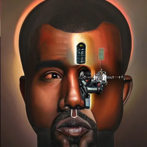 Prompt: a realistic oil painting of a cybernetic kanye west cyborg, surrealism portrait, surrealism album cover