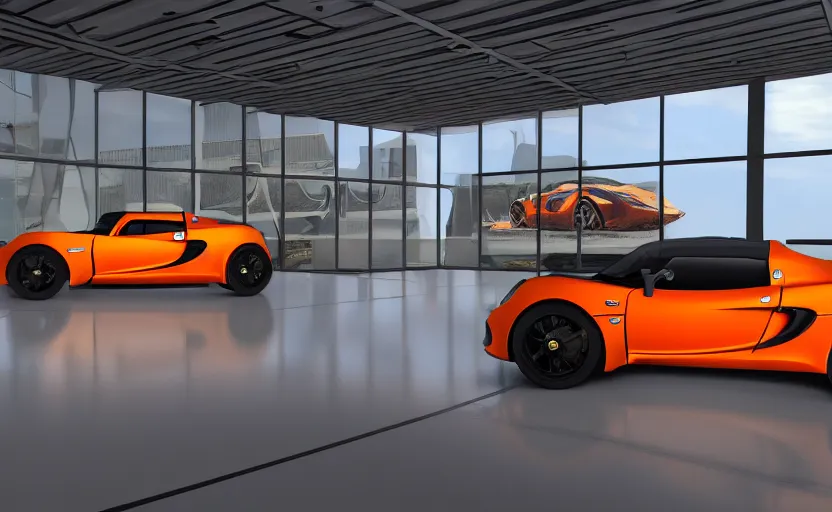 Image similar to futuristic lotus exige ( ( orange ) ) parked within interior view of futuristic auto showroom ( ( frank lloyd wright ) ) luminescent concept art, unreal engine 5, artstation highly detailed, digital art, 8 k hdr, soft lighting, hyperrealistic, godrays