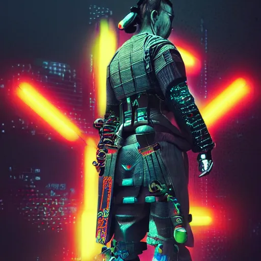 Image similar to cyberpunk samurai, with techware, subject centered in the frame, golden ratio, rule of thirds, volumetric lighting, prismatic neon accents, D&D, intricate, elegant, highly detailed, digital painting, japanese , altered carbon style, trending on artstation, unreal engine 5, octane render, redshift, concept art, art by Artgerm and Greg Rutkowski and Alphonse Mucha