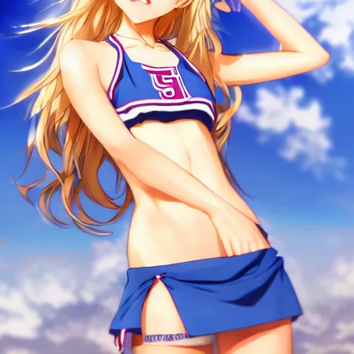 Prompt: a very beautiful young anime basketball girl greeting the camera, full body, long wavy blond hair, sky blue eyes, full round face, short smile, bikini, miniskirt, highly detailed, cinematic wallpaper by stanley artgerm lau