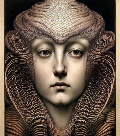 Image similar to detailed realistic beautiful shell goddess face portrait by jean delville, gustave dore, iris van herpen and marco mazzoni, art forms of nature by ernst haeckel, art nouveau, symbolist, visionary, gothic, neo - gothic, pre - raphaelite, fractal lace, intricate alien botanicals, ai biodiversity, surreality, hyperdetailed ultrasharp octane render