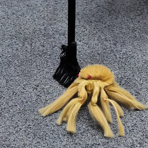 Image similar to a giant spider with tall skinny legs covered in a mop of uniform blonde hair