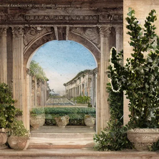 Prompt: delicate marble garden on paper floating puffy vines botanical 1 9 2 0 herbarium botanic watercolors coastline iridescent 8 k wide angle realistic shaded fine details, artstation italian rainbow colonnade oak pinecone gardena architecture pompeii rome naples sicily, boundary wall