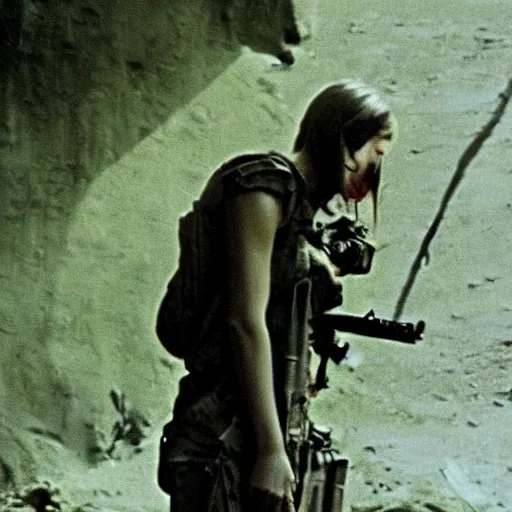 Image similar to film still, extreme far view, emma watson vietnam door gunner, film still from apocalypse now ( 1 9 7 9 ), 2 6 mm, kodak ektachrome, blue tint expired film,