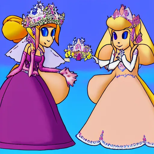 Prompt: the lesbian wedding of princess peach and princess zelda, photo, photograph, circa 2 0 1 4, wedding photo