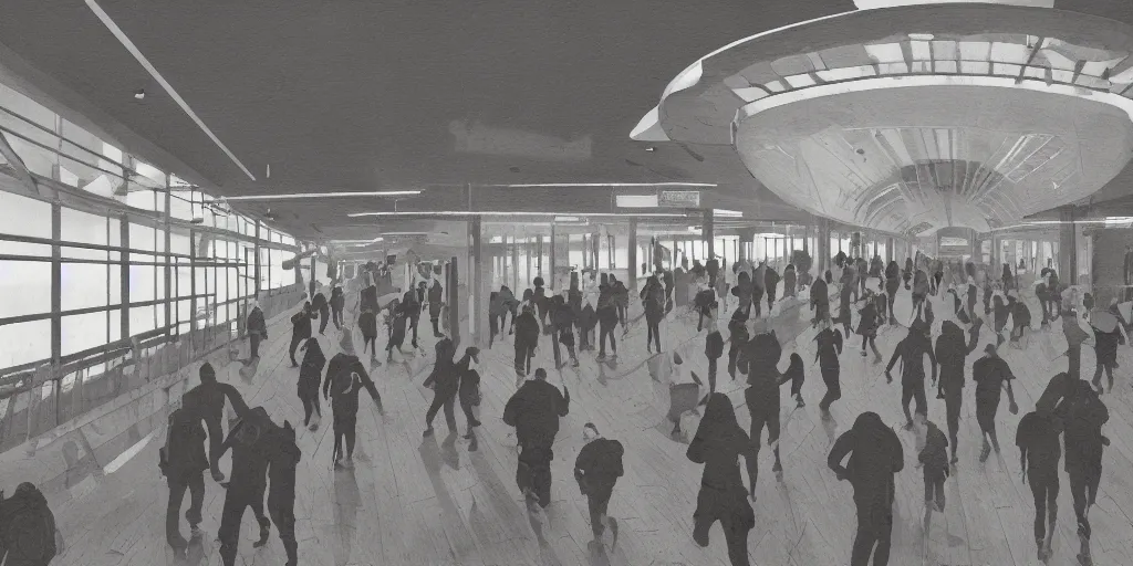 Prompt: Detailed Interior of Staten Island Ferry, Marathon Runners, Dawn Atmosphere, Light Shafts, Concept Art