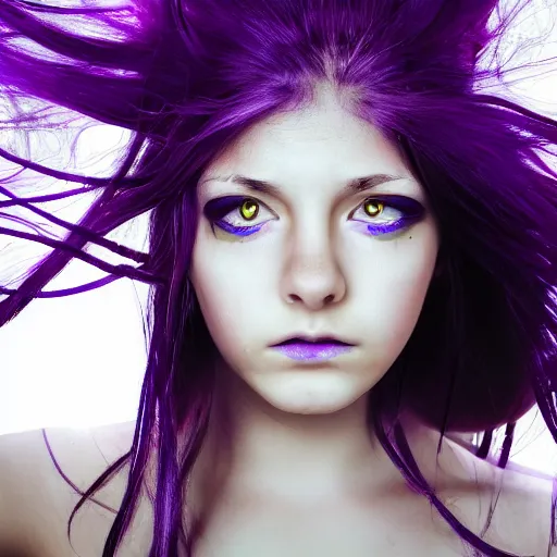 Image similar to detailed photo portrait of a furious teen girl with thin, hair-like purple tentacles on her head and bright purple eyes, 8k, trending on DeviantArt, face enhance,hyper detailed ,full of colour, dramatic lightning