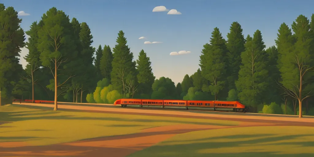 Image similar to tall bridge for trains, in the forest, blue sky, summer evening, kenton nelson