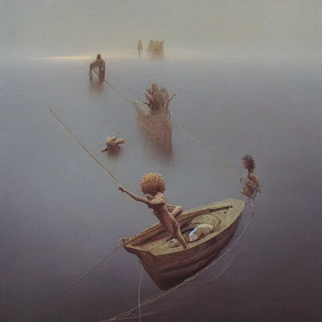 Image similar to A beautiful painting of In the same boat by Zdzisław Beksiński and Ilya Repin,In style of Abstract art.illustration,hyper detailed,smooth, sharp focus,trending on artstation,oil on the canvas,4k