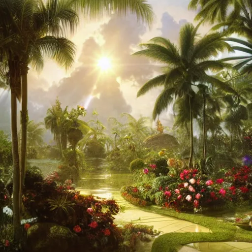 Prompt: a highly detailed matte painting of a garden hedge with tropical flowers, large palm trees, epic fantasy, god rays, ultrawide lens, aerial photography, unreal engine, exquisite detail, 8 k, art by albert bierstadt and alphonse mucha