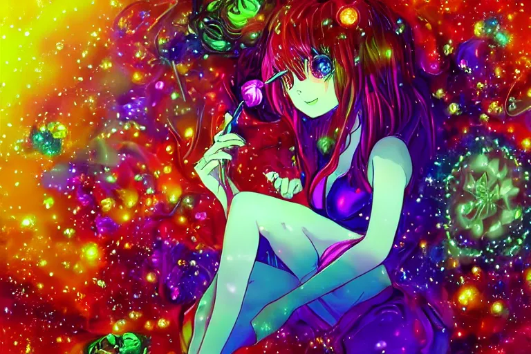 Image similar to psychedelic, full body picture, whimsical, anime, 4k, beautiful lusty woman smoking a bong, with professional makeup, long trippy hair, a crystal and flower dress, sitting in a reflective pool, surrounded by gems, underneath the stars, rainbow fireflies, trending on patreon, deviantart, twitter, artstation, volumetric lighting, heavy contrast, art style of Ross Tran and Miho Hirano and Ilya Kuvshinov