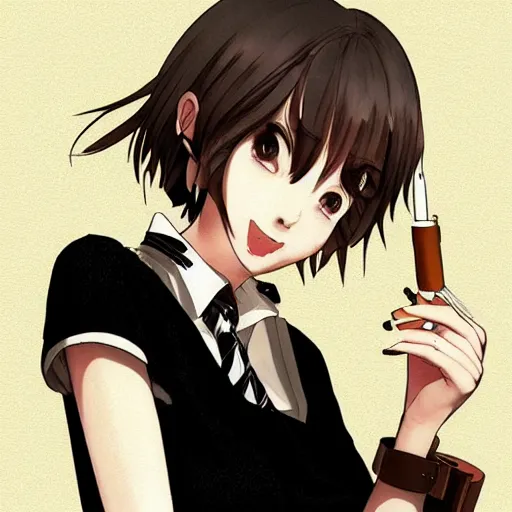 Image similar to portrait of a girl with short brown hair, wearing a white blouse and black choker, smoking a cigarette, drawn by WLOP, by Avetetsuya Studios, attractive character, colored sketch anime manga panel, unsaturated, dull colors, trending on Artstation