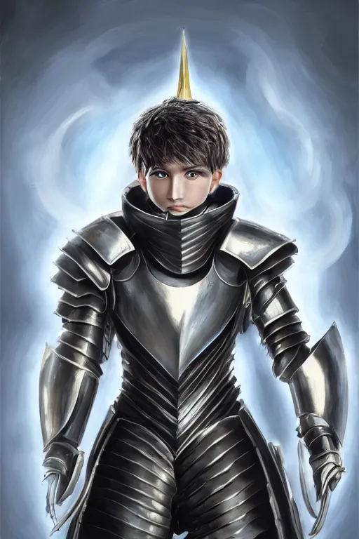 Image similar to a male teenager wearing a silver plate armor, short black hair, artgem style, fancy lighting, complementary colours, face portrait, harmonious, soft colors, digital painting, masterpiece, realistic and detailed face, color painting, realistic, highly detailed, high quality, portait picture, anatomically correct, pixar and disney style, anime style