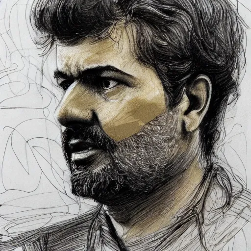 Image similar to a realistic yet scraggly portrait sketch of the side profile of a stern and sophisticated george michael, trending on artstation, intricate details, in the style of frank auerbach, in the style of sergio aragones, in the style of martin ansin, in the style of david aja, in the style of mattias adolfsson