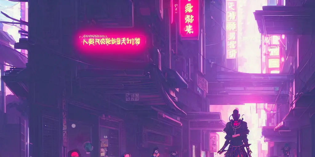 Image similar to digital illustration closeup of cyberpunk samurai in city street at night by makoto shinkai, ilya kuvshinov, lois van baarle, rossdraws, basquiat | afrofuturism, in the style of hearthstone, trending on artstation | cool color scheme