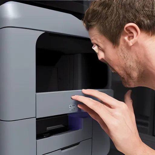 Prompt: a man staring at a printer, hyper realistic, very detailed.